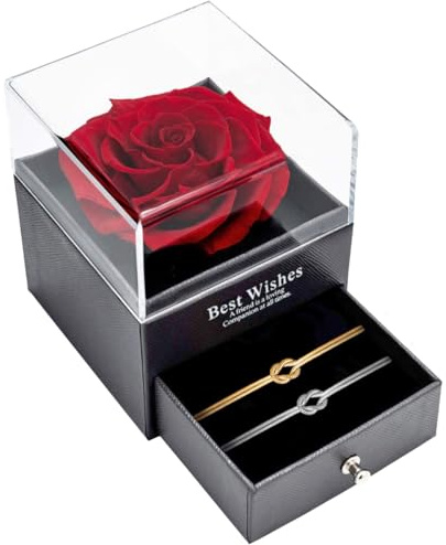 J.Fée Rose Eternelle Bracelet Couplex Ensemble, Bracelet Femme Argent 925 Avec Rose Éternelle Rouge Naturelle Coffret Bijou, Cadeaux Copine, Cadeau Saint Valentin Femme, Cadeau Maman, Argent+Or