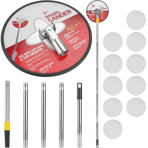 Jellybibo Ponceuse à perche pour cloison sèche avec tige d'extension et 10 feuilles abrasives, rotation à 360°, ponceuses radiales rondes de 22,9 cm, grain 80 à 240 pour murs et plafonds peints