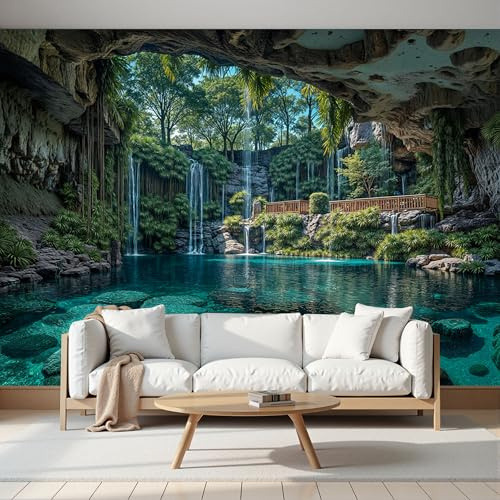 Papel Pintado Pared 3D Papel Tapiz 200x140cm Cascadas Cuevas Vegetación. Fotomurales TV Fondo Pared Dormitorio Murales Papels Tapiz Paisaje Natural Tropical, Turquesa