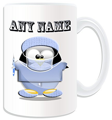 UNIGIFT Personalised Gift - Large Surgeon with Scalpel Mug (Penguin in Costume Design Theme, White) - Any Name/Message on Your Unique - Doctor Scrubs Uniform
