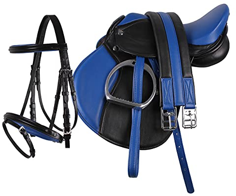 Équipement d’équitation QHP pour poney - Selle en cuir synthétique 13 (33 cm), sangle de selle, étriers + bride combinée, noir/bleu, 33 cm (13)