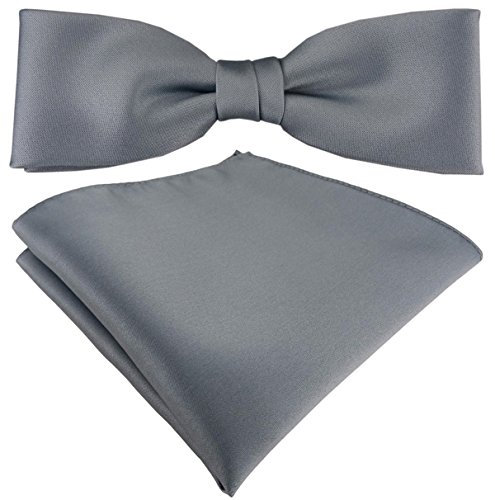 TigerTie vorgebundene schmale Satin Fliege Einstecktuch in silber Uni einfarbig + Aufbewahrungsbox