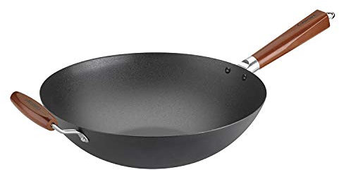 Cuisinart CSW26-36H 14 Pre-Seasoned Steel Wok with Helper Handle – Heavy-Gauge Steel for Superior Heat Conduction, Wooden Stay-Cool Handle, Induction Compatible