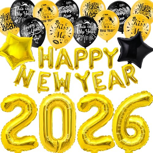 HOWAF Decoración Nochevieja 2026, Globos de feliz año nuevo Pancarta, Foil Globos 2026 y Globos de Estrella, Nochevieja Globos de látex para Fiesta de Cotillon Fin de Año Decoración 2026