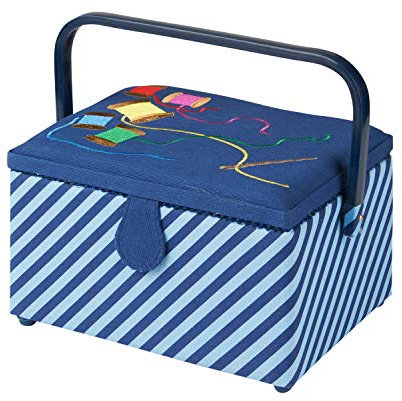 Medium Sewing Box with Compartments in a Striped Blue Fabric with a Rainbow Embroidered Sewing Thread Lid. 18.5 x 26 x 15cm. Sewing Online GA1120M