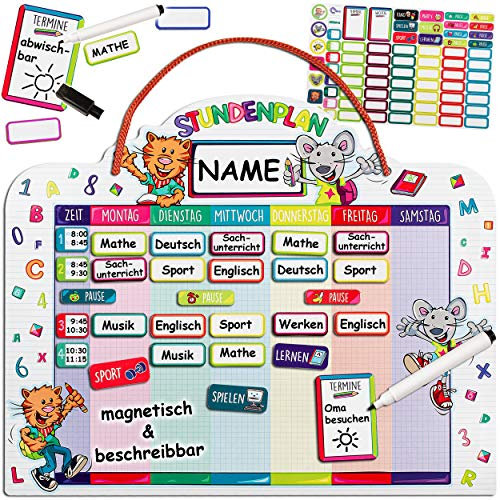 alles-meine.de GmbH Stundenplan - magnetisch + abwischbar - Wisch & Weg - Wochenplaner/Memoboard - lustige Tiere - inkl. Name - mit Folienstift - incl. 75 Stück Magnettafeln zu..