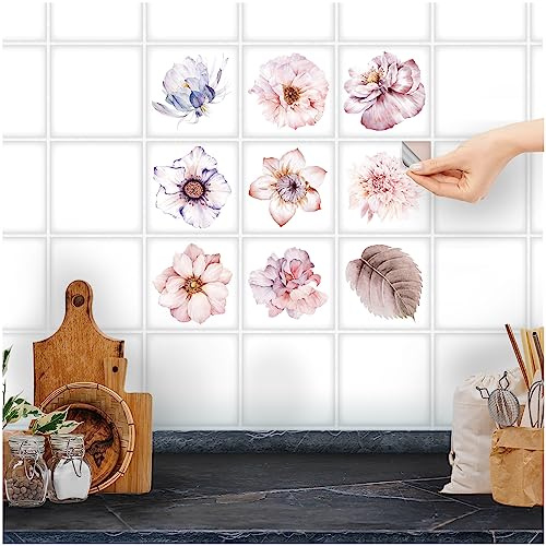 FoLIESEN - Weiße Fliesenaufkleber mit Aquarell-Blüten für Bad, Küche, Badezimmer - Fliesen-Folie selbstklebend - 9 Klebefliesen, .:10x10 cm - Weiß glänzend