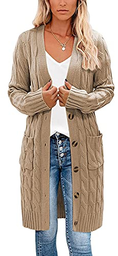 Earnmore Womens Long Cardigan Cable Knit Sweater, Long Sleeve Open Front Button Sweater Coats Outerwear with Pockets for Fall Winter