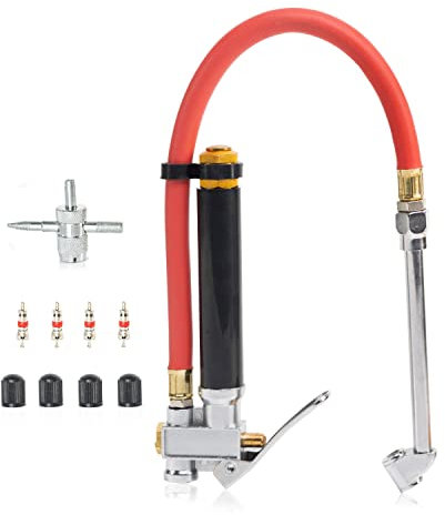 NEIKO 20701A Däckpump, 30 cm, flexibel lufttrycksmätare, 20–120 PSI, 1/4 tum NPT förskjutet dubbelt chuckhuvud, däckpåfyllare med slang, aluminiumhölje och mässingsventiler, ventilkapsyler