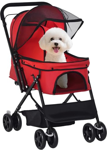 PawHut Carrito para Perros Plegable Cochecito para Perros Pequeños Cochecito para Mascotas con Mango Reversible Ventana de Malla Cesta y Cuerda de Seguridad Carga 10 kg 76,5x52x95 cm Rojo