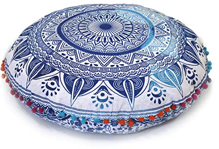 Runder Mandala-Bodenkissenbezug, Sitzkissenbezug, Kissenüberwurf, Hippie, dekorativ, Bohemian, Ottoman, Pouf-Bezug, Pom Pom Kissenbezug, Boho, indisch, 55,9 cm (22 Zoll) (Weiß und Blau)