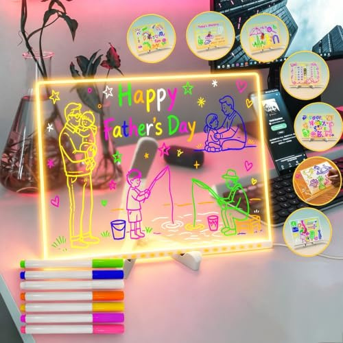 Fanrui 11.8 X 7.9 Inch Acrylic LED Writing Message Board with Light,Glow Acrylic Dry Erase Board with 7 Pens,Memo Tablet Letter Note Doodle Whiteboard with Stand,Gifts for Home Office School