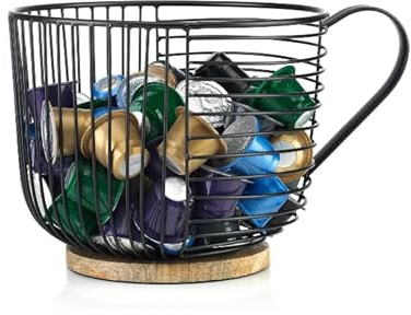 Coffee Pod Holder - Large Capacity Black Wire K Cup Storage with Wooden Base - Modern Coffee Basket Decor for Kitchen Countertop for Keurig Kcups & Espresso Capsules