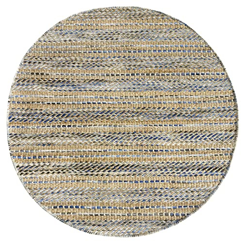 HAMID - Alfombra Yute Lana Olivia, Alfombra Lana y Yute, Tejida a Mano Tejida para Salon, Dormitorio, Sala de Estar (100x100cm, Azul Jaspeado)