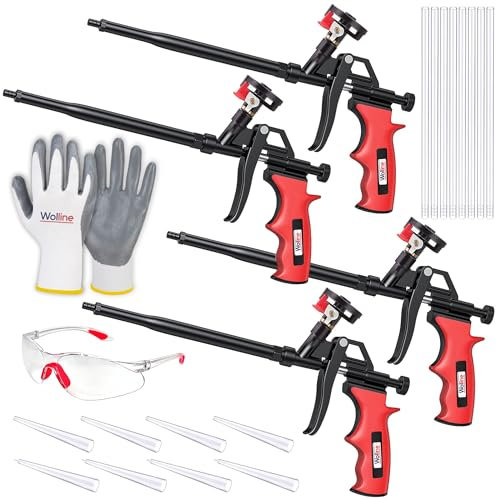 Wolline Professional Spray Foam Insulation Gun (4 Foam Gun + 16 Nozzle), Teflon-Coated Expanding Foam Gun, Foam Dispensing Gun, for Caulking, Insulating Foam Applicator Red - 4 Pack