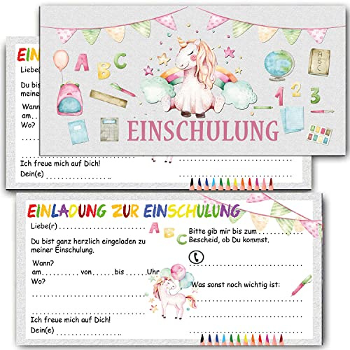 KARTENVERSAND24 Einladung zur Einschulung für Mädchen Einhorn Einladungskarten inkl Umschlag 12er Set zum Schulanfang Schulbeginn Schuleinführung Schuleingang Zuckertüte Schultüte unicorn