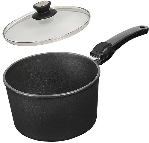 SKK Stielkasserolle Ø 20 cm - ohne Induktion - hoher beschichteter Saucentopf 2-tlg. Stiel abnehmbar & Deckel mit Edelstahlrand - Made in Germany