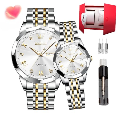 OLEVS Coppia Coppia Orologi al Quarzo Luminoso Calendario Data Finestra 3ATM Impermeabile, Casual Orologio da polso per gli Uomini Donne Amanti Matrimonio Romantico