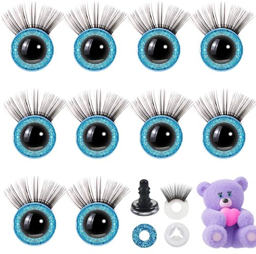 SwirlColor Sicherheitsaugen für Häkeltiere, 10 Stück 12mm Glitter Puppenaugen Sicherheitsaugen mit Wimpern Kunststoff Knopfaugen für Häkeltiere Puppen Plüschtier Marionette Basteln