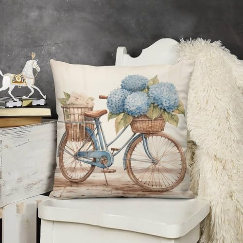 HighonHi Pillowcase Vintage Bicycle Blue Hydrangeas Paris Decorative Pillow Covers Vintage Blue Bike Bicycle with Flowers Ride Velvet Couch Pillow Cases for Couch Sofa 20 x20