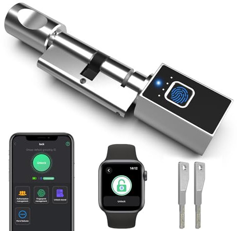 Elektronisches Türschloss 80mm (40/40) mit Schlüssel Fingerabdruck Bluetooth App Fernautorisierung - Geeignet für Türen die meisten EU - Türschlösser DIY Montage unterstützt iOS Watch