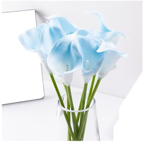 Wisafory Lot de 10 fleurs artificielles artificielles en latex réaliste - Lys calla - Bouquet de mariée - Arum artificiel - Toucher réel - Décoration pour mariage, salon, bureau, hôtel, cuisine - Bleu
