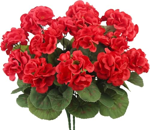 Sousi Flores artificiales de geranio rojo para exteriores, resistentes a los rayos UV, geranios de seda falsos realistas para terraza al aire libre, puerta delantera, decoración del hogar, 2 unidades