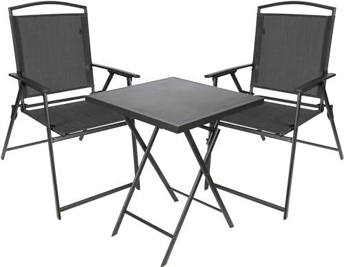 BRUBAKER Garten Sitzgruppe Bergamo - 1 Klapptisch eckig mit 2 Camping Stühlen - Wetterfest und platzsparend - Gartenstühle Campingstühle mit Tisch für Balkon und Terrasse - Dunkelgrau