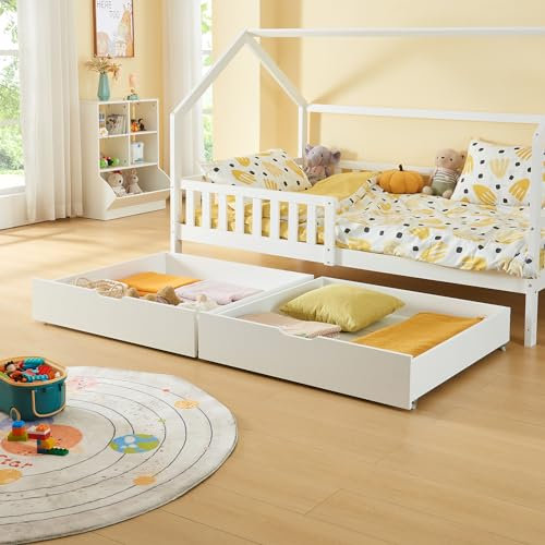 [en.casa] Unterbettkommode Ydre 2er Set Unterbett Aufbewahrungsbox 97,5 x 92 x 22 cm Bettkasten Holz Bettschublade auf Rollen Weiß