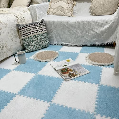 LULUMAIC Ineinandergreifende Schaumstofffliesen für Wohnzimmer, Plüsch-Puzzle-Bodenmatte, Spielmatten, Teppichquadrate, Spleißbodenteppiche, Schlafzimmer, 48 Stück (blau + weiß 0,23 Zoll)
