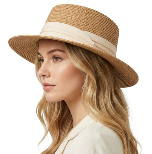 HIQIU Stroh Sommerhut Damen mit Breiter Krempe - UV-Schutz Flat Top Strohhut Damen Strandhut Panamahut für Strand und Reisen