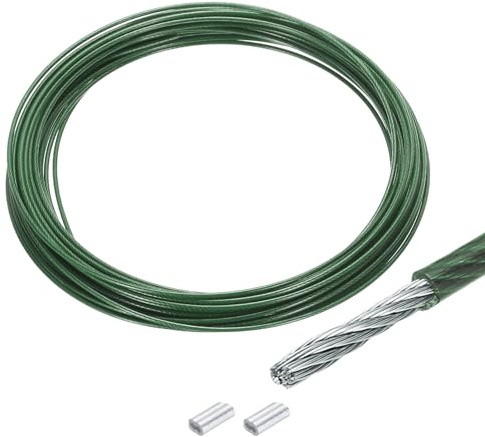 QUARKZMAN Stålvajer i rostfritt stål 10M x 1,5 mm Stålkabel PVC-belagd med 2 aluminiumhöljen Säkringskabel Hängapparat för bilder, gardiner, räcke, utomhusmöbler, parasoll, Grön