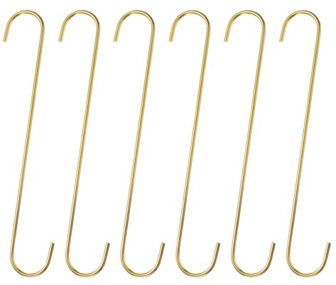 sourcing map 6pcs Long S Hooks 12 Inch Extra Long Metal S-Shaped Hanging Hooks High Manganese Steel S Hanger Storage Organizing Tool for Kitchen Garden Bathroom Garage Closet, Gold Tone