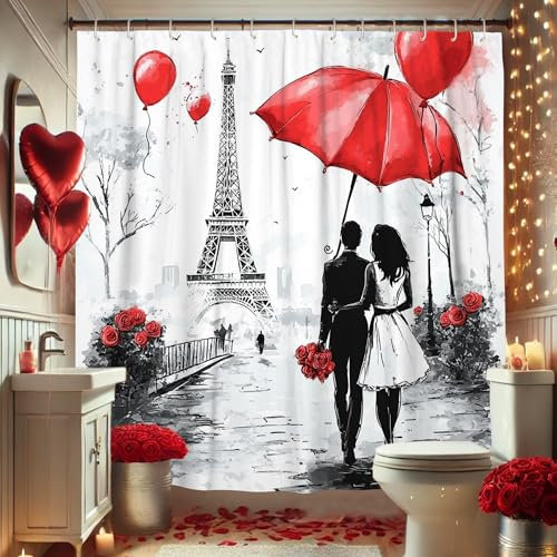 Cortina de ducha romántica de París, paraguas rojo y decoración de globos de corazón para baño, estilo artístico de acuarela para el día de San Valentín, tema moderno de amor, tela impermeable con