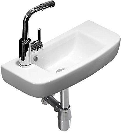 Lavandino da appoggio per Il Bagno, lavabo da Parete in Ceramica Bianco per Piccoli bagni, Lato Destro/Sinistro, con Rubinetto e Scarico, lavabo sopra Il Piano, mobiletto per la