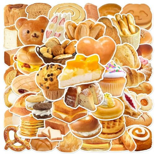 Delicious Bread Stickers 50pcs Dessert Cake Stickers for Scrapbook Decoration Aesthetic Bread Stickers for Water Bottle Vinyl Waterproof Stickers for Laptop Cup Scrapbook Party Supplies (Bread)