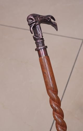 Gehstock aus Holz mit antikem Totenkopf-Griff, brauner Holzgriff für Damen und Herren, mit antikem Aluminiumgriff