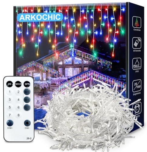 ARKOCHIC 10M Luci Natale Esterno Cascata, 320 LED Tenda Luminosa Natale Multicolore Luminarie Natalizie da Esterno con 8 Modalità, Memoria, Luci Decorazioni Natalizie per Casa, Balcone