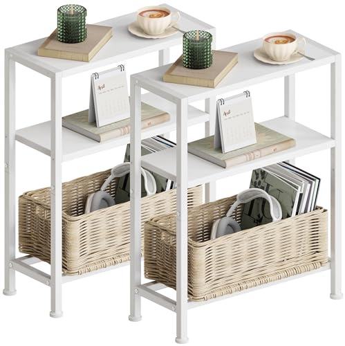 Vantimo Schmaler Beistelltisch, Nachttisch, 3 Ablagen Nachttisch Schmal mit Stauraum, Sofa beistelltisch für schmale Räume, Kleiner Tisch, für Wohnzimmer, Schlafzimmer, Küche & Balkon (2 Weiß)