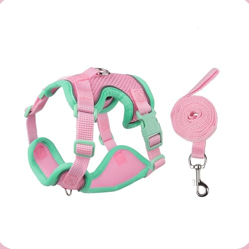 Katzengeschirr und Leine, Set zum Spazierengehen, reflektierende ausbruchsichere Weste für Katzen und kleine Hunde, verstellbares, weiches Air-Mesh mit druckreduzierendem Design, L, Grün + Rosa