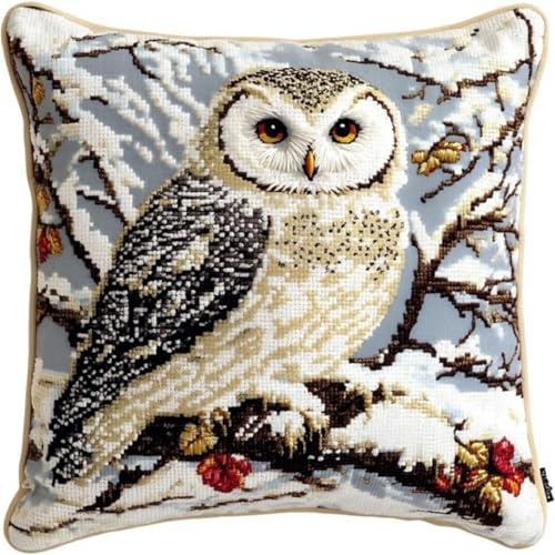 KnüpfKissen Set Erwachsene Kinder mit vordruck Schneeeule auf Ast Winter knüpfteppich zum selber knüpfen Kissenbezug Anfänger DIY Handarbeit Stickerei Sets Handgemachtes Handwerk Sofa Wohnkultur 43x43