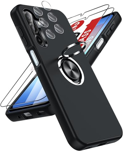 LeYi for Samsung Galaxy A17 Phone Case with 2 Tempered Glass Screen Protector, 2 Camera Lens Protector and Invisible Metal Ring Stand Holder, Shockproof Protective Mobile Cover for A17 - Black