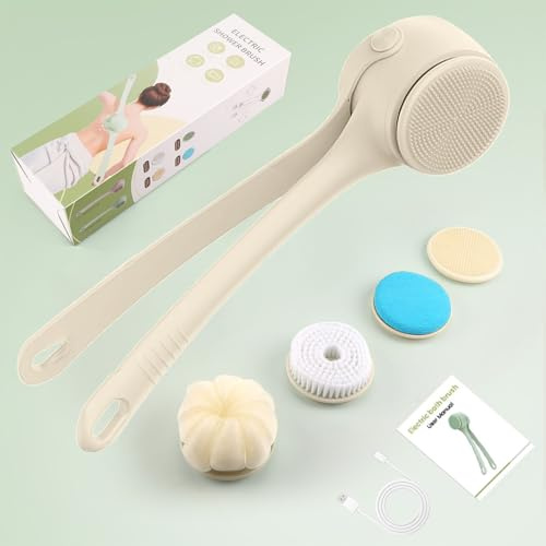 WHATOOK Electric Body Back Scrubber Brush: Detachable Rotating Long Handle, Exfoliating Scrub 2-Speed Cleaning with 4 Heads Scrubber Set, 1200mAh, IPX7 Waterproof Brush for Deep Skin Care (White)