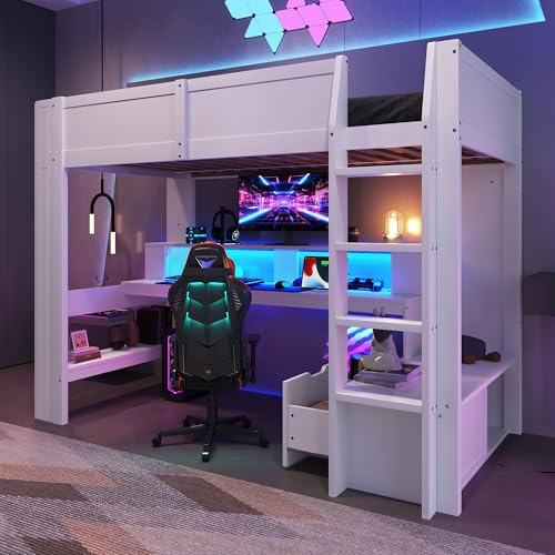 Merax Hochbett mit Schreibtisch und Treppe, Etagenbett Kinderbett 90x200cm mit Schublade und Regale, Hochbett mit Gaming-Ecke und LED-Leuchten, ohne Matratze, Kiefer, Weiß, 217x103x155 cm