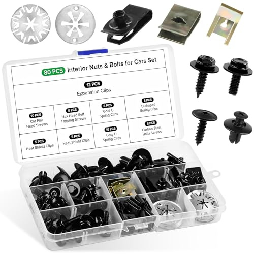 80 Pezzi Clip Fissaggio Auto & Viti Kit con Scatola Immagazzinaggio, Kit Assortimento Vite Autofilettanti & Rivetti, U-Clips Metallo Universal Autoveicoli per Parafanghi Carrozzeria