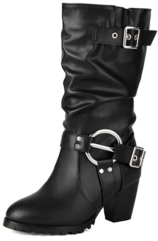 Lroey Reoly Donna Tacco Medio a Blocco Stivaletti Punta Rotonda Slouch Dx1024 Nero Numero 46 EU