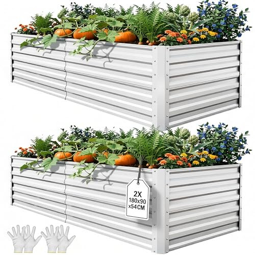 YITAHOME Kit di 2 aiuole rialzate per esterni, 180 x 90 x 60 cm, aiuole rialzate in metallo zinco-alluminio-magnesio ispessito per giardino, con asta di supporto e guanti, per verdure, fiori e frutta