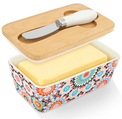 Butter Dish with Lid, Bohemian Ceramic Cheese Keeper Container with Knife and Bamboo Lid Cheese Holder 5.83 Large Butter Dish Double Silicone Seals for Countertop(Style 1)