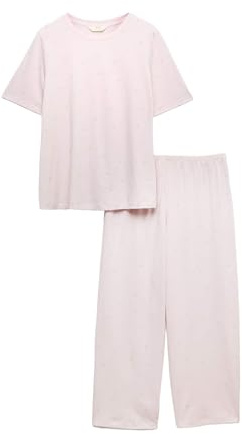 Marks & Spencer Pyjama Imprimé 3/4 Femme en Pur Coton, Coupe Standard, Taille Élastiquée