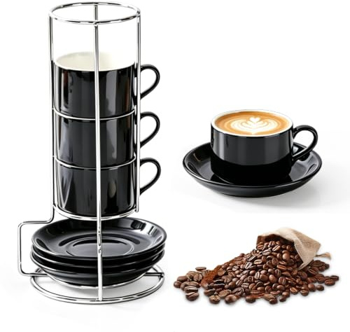 XPJBKC Juego de 4 Tazas de Cafe, 100 ml Tazas Cafe Porcelana con Leche Platillos y Soporte, Tazas Cafe Espresso Apilables, Aptas para Lavavajillas, Ideales para Espresso, Cappuccino, Latte y Té